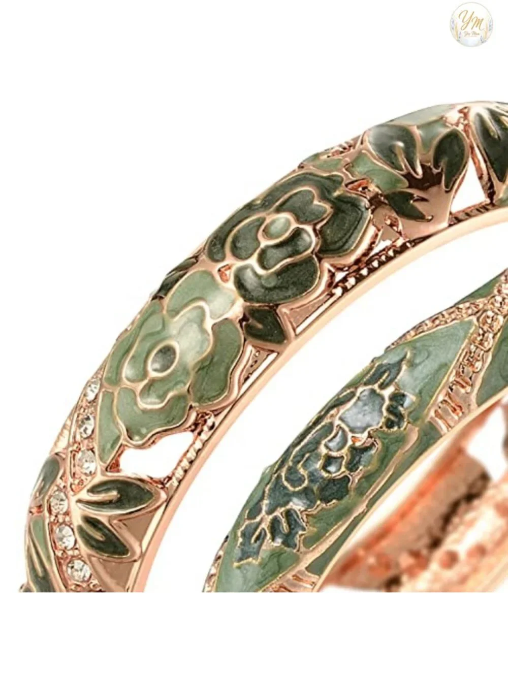 Cloisonne Enamel Rhinestone Rose Hinged Cuff Bracelet Set of 2 Alloy